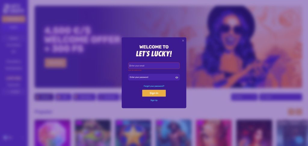 letslucky login form